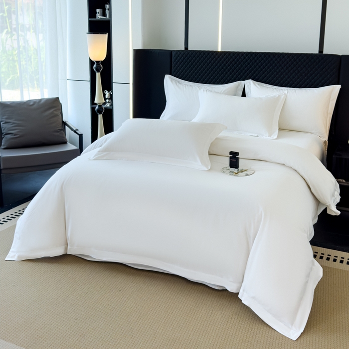 91家纺网 家纺一手货源 找家纺 锦彩 2025新款40长绒棉酒店宾馆民宿学生三件套正宗13372双拼纯色全棉四件套（可定制）绑带款纯白