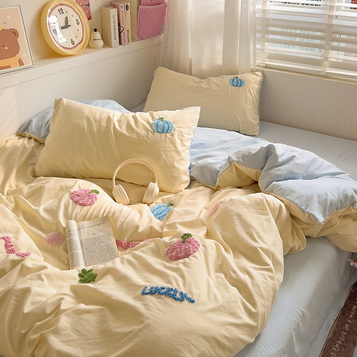 91家纺网 家纺一手货源 找家纺 暖芯优选 2025新款超柔水洗棉INS小红书毛巾绣卡通四件套（提供买家秀） 南瓜派对