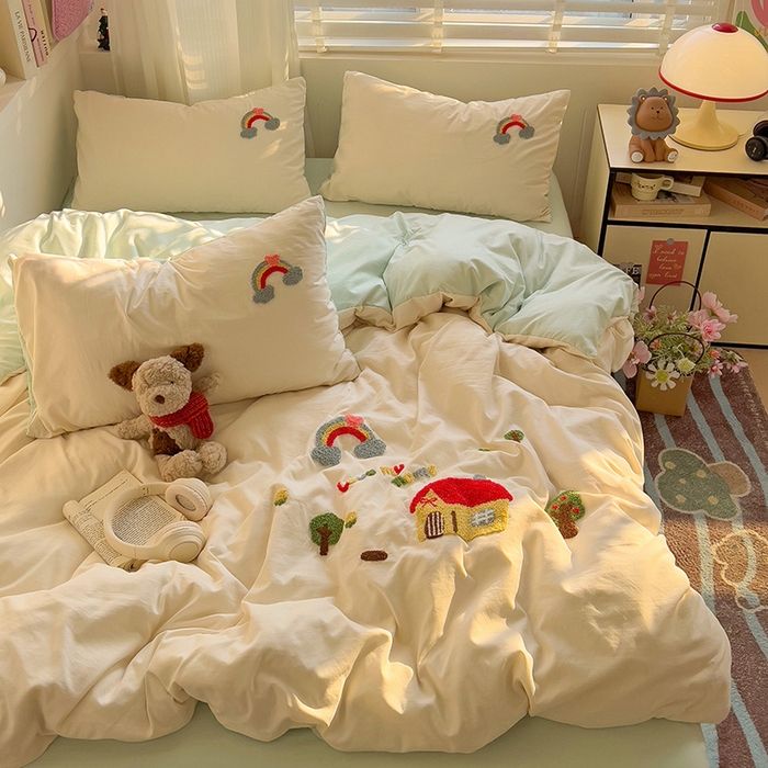 91家纺网 家纺一手货源 找家纺 暖芯优选 2025新款超柔水洗棉INS小红书毛巾绣卡通四件套（提供买家秀） 温馨家园