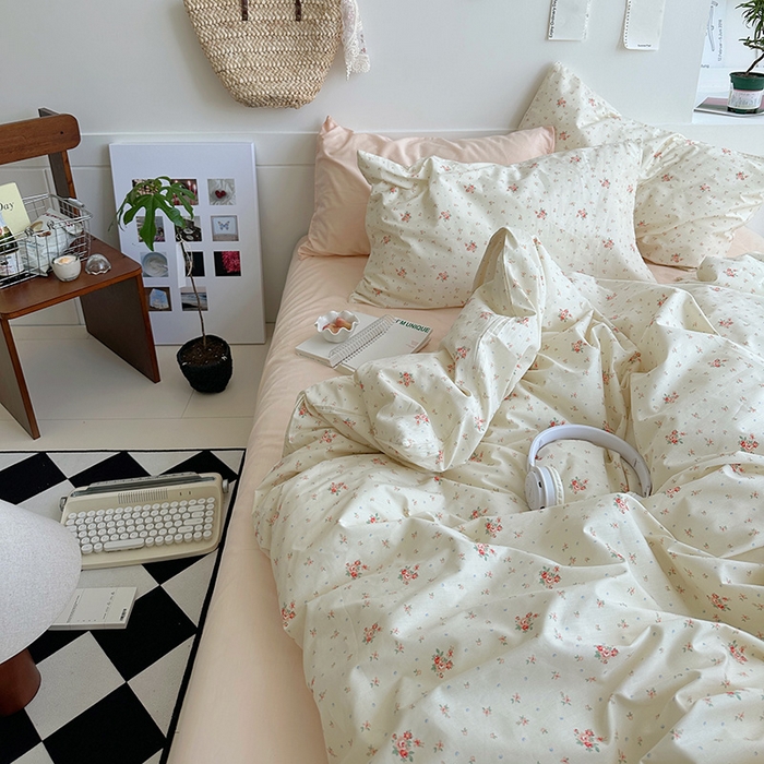 91家纺网 家纺一手货源 找家纺 2025新款纯棉小清新四件套小碎花学生三件套纯色床单印花枕套双人床笠 清如