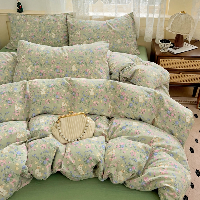 91家纺网 家纺一手货源 找家纺 夜笙2025新款A类水洗棉双层纱印花四件套 飞飞兔