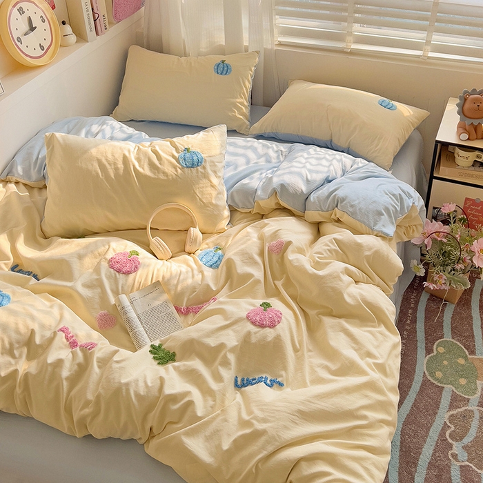 91家纺网 家纺一手货源 找家纺 暖芯优选 2025新款超柔水洗棉INS小红书毛巾绣卡通四件套（提供买家秀） 南瓜派对