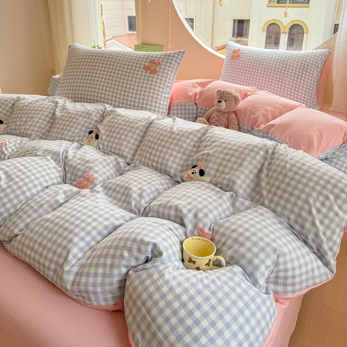 91家纺网 家纺一手货源 找家纺 优佳优品 2024新款水洗棉毛巾绣四件套（可提供买家秀） 蓝色萌宠