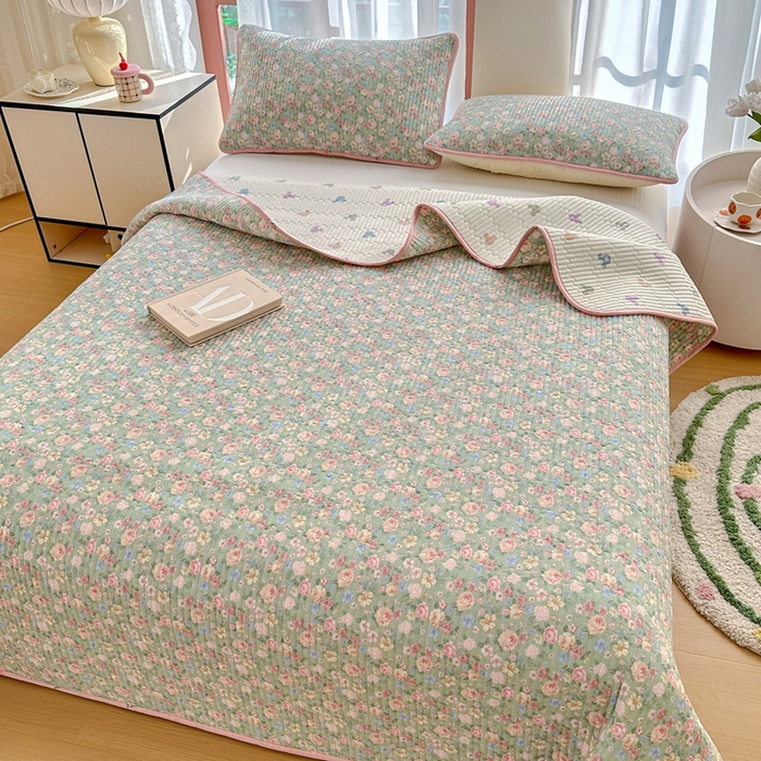 91家纺网 家纺一手货源 找家纺 2025新款13070单面全棉绗缝床盖三件套 柏林梦境-绿