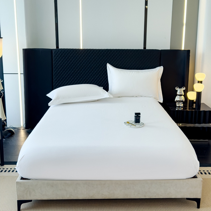 91家纺网 家纺一手货源 找家纺 锦彩 2025新款40长绒棉酒店宾馆民宿学生三件套正宗13372双拼纯色全棉四件套（可定制）绑带款纯白