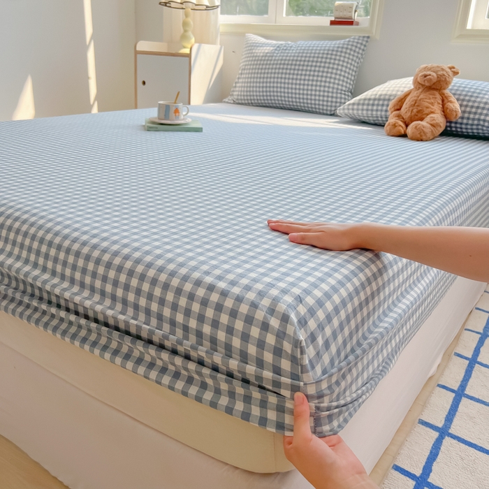 91家纺网 家纺一手货源 找家纺 韩巢家纺 2025新款A类纯色格子水洗棉床笠单件床罩床套 A类兰色格-床笠