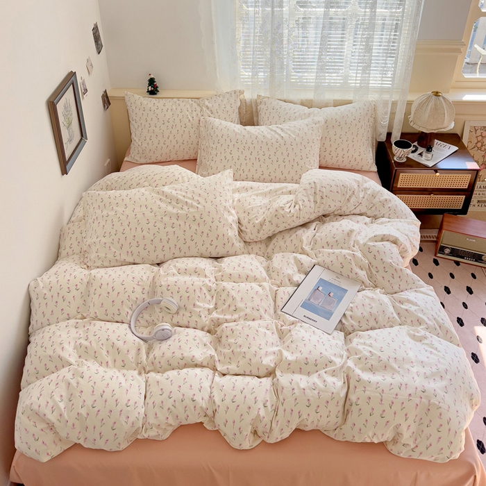 91家纺网 家纺一手货源 找家纺 夜笙2025新款A类水洗棉双层纱印花四件套 彩莲