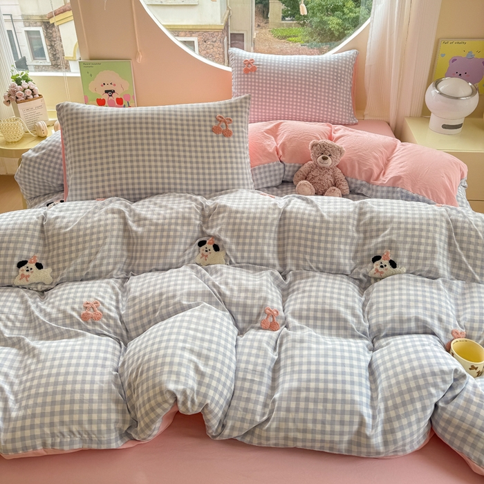 91家纺网 家纺一手货源 找家纺 优佳优品 2024新款水洗棉毛巾绣四件套（可提供买家秀） 蓝色萌宠