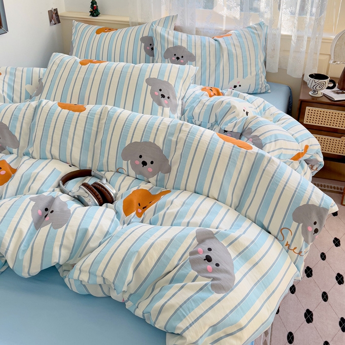 91家纺网 家纺一手货源 找家纺 夜笙2025新款A类水洗棉双层纱印花四件套 云朵小狗