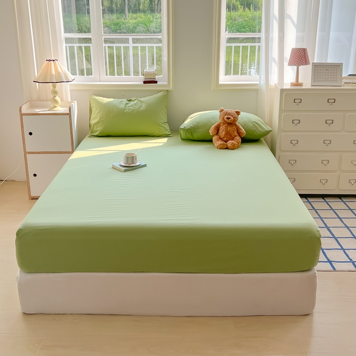 91家纺网 家纺一手货源 找家纺 韩巢家纺 2025新款A类纯色格子水洗棉床笠单件床罩床套 A类浅草绿-床笠