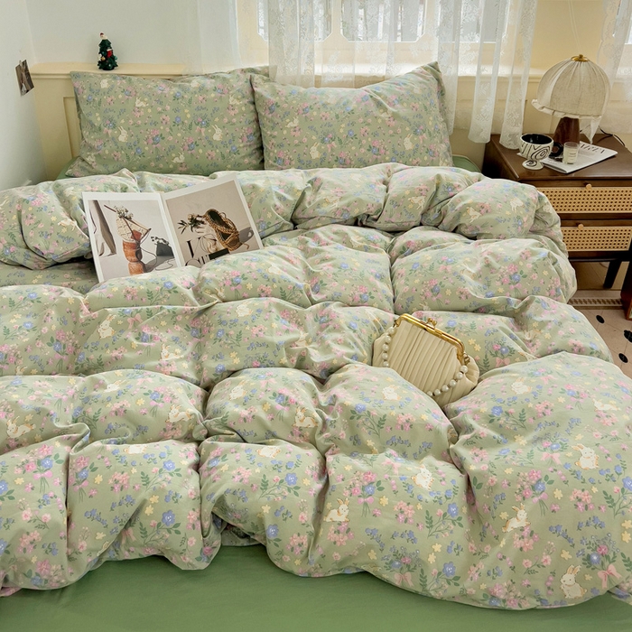 91家纺网 家纺一手货源 找家纺 夜笙2025新款A类水洗棉双层纱印花四件套 飞飞兔