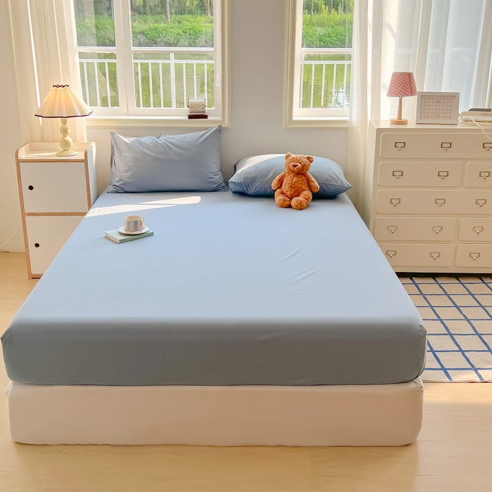 91家纺网 家纺一手货源 找家纺 韩巢家纺 2025新款A类纯色格子水洗棉床笠单件床罩床套 A类浅兰-床笠