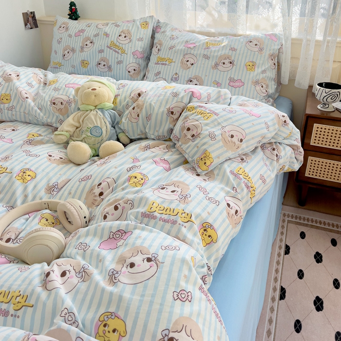 91家纺网 家纺一手货源 找家纺 夜笙2025新款A类水洗棉双层纱印花四件套 糖小佳