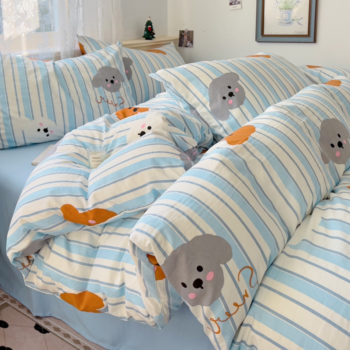 91家纺网 家纺一手货源 找家纺 夜笙2025新款A类水洗棉双层纱印花四件套 云朵小狗