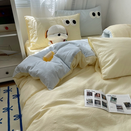 91家纺网 家纺一手货源 找家纺 丽涵家纺 2025新品全棉水洗棉大眼毛巾绣四件套-密条系 大眼蓝黄格2