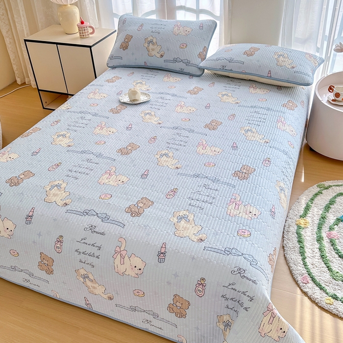 91家纺网 家纺一手货源 找家纺 2025新款13070单面全棉绗缝床盖三件套 奇趣欢乐园-蓝