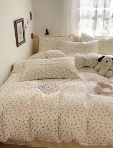 91家纺网 家纺一手货源 找家纺 夜笙2025新款A类水洗棉双层纱印花四件套 花影