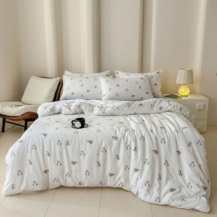 91家纺网 家纺一手货源 找家纺 2025新款针织棉双层纱四件套小碎花被套床单床笠款学生三件套新款直播热款-床图-系列一 企鹅