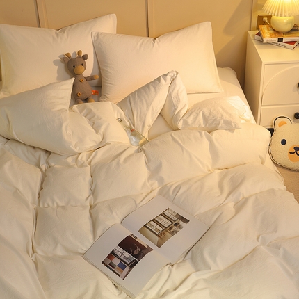 悦织湾家纺 2025新款亲肤水洗棉纯色双拼四件套轻奢时尚 纯色奶白