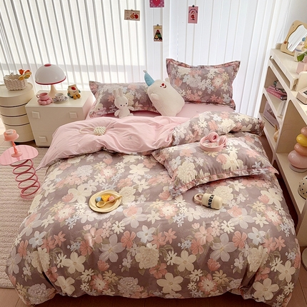 91家纺网 家纺一手货源 找家纺 2025新款全棉13070四件套（1） 晚色芳莲-灰