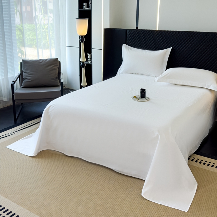 91家纺网 家纺一手货源 找家纺 锦彩 2025新款40长绒棉酒店宾馆民宿学生三件套正宗13372双拼纯色全棉四件套（可定制）绑带款纯白