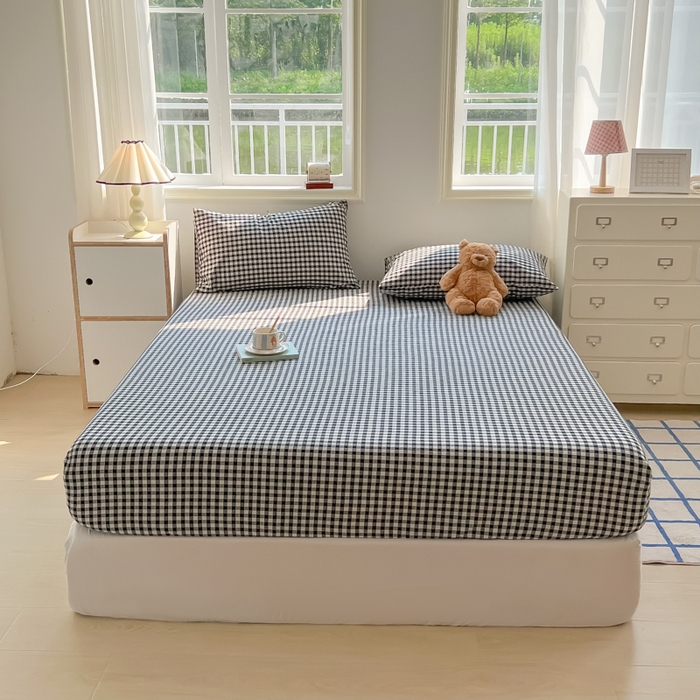 91家纺网 家纺一手货源 找家纺 韩巢家纺 2025新款A类纯色格子水洗棉床笠单件床罩床套 A类黑色格-床笠