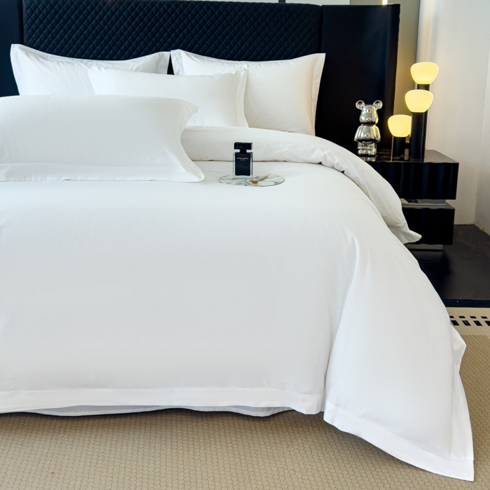 91家纺网 家纺一手货源 找家纺 锦彩 2025新款40长绒棉酒店宾馆民宿学生三件套正宗13372双拼纯色全棉四件套（可定制）绑带款纯白