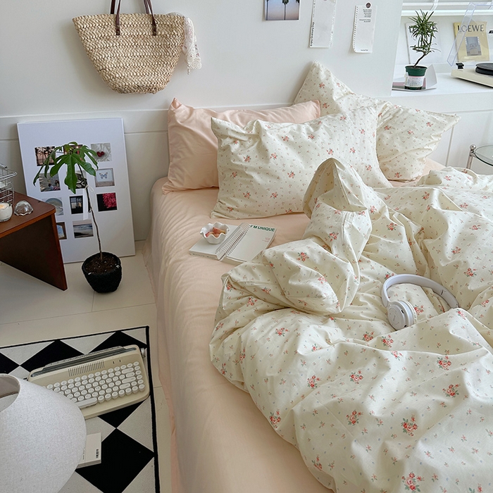 91家纺网 家纺一手货源 找家纺 2025新款纯棉小清新四件套小碎花学生三件套纯色床单印花枕套双人床笠 清如