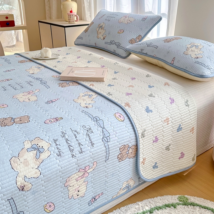 91家纺网 家纺一手货源 找家纺 2025新款13070单面全棉绗缝床盖三件套 奇趣欢乐园-蓝