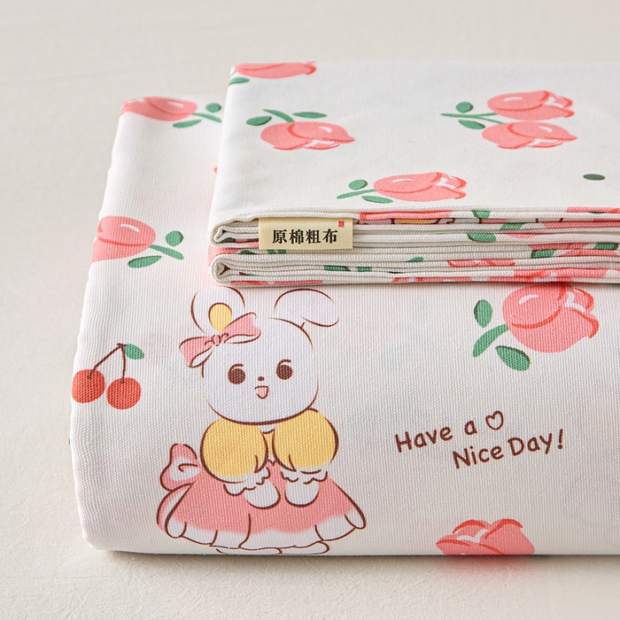 91家纺网 家纺一手货源 找家纺 首爱家纺 2025新款印花原棉标老粗布床单老粗布凉席软凉席 玫瑰小兔