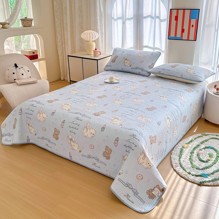 91家纺网 家纺一手货源 找家纺 2025新款13070单面全棉绗缝床盖三件套 奇趣欢乐园-蓝