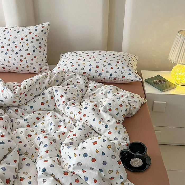 91家纺网 家纺一手货源 找家纺 2025新款针织棉双层纱四件套小碎花被套床单床笠款学生三件套新款直播热款-床图-系列一 水果派