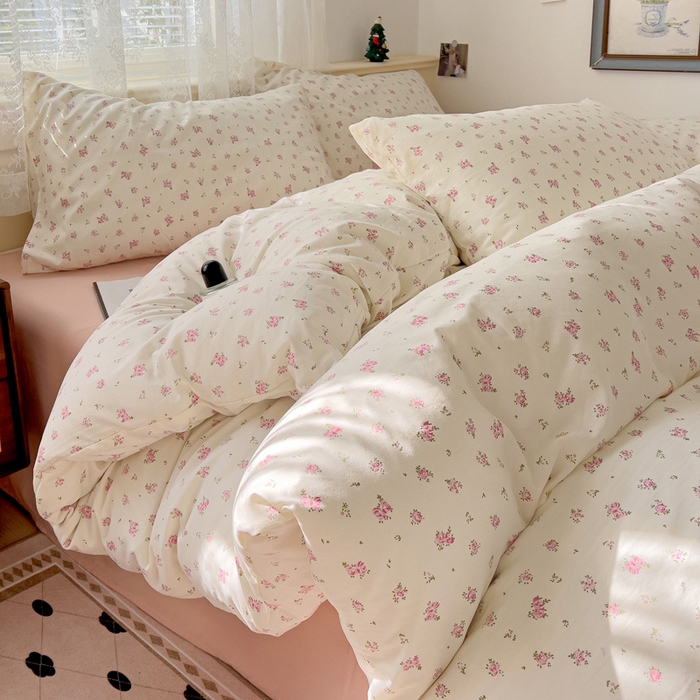 91家纺网 家纺一手货源 找家纺 夜笙2025新款A类水洗棉双层纱印花四件套 桃之夭夭