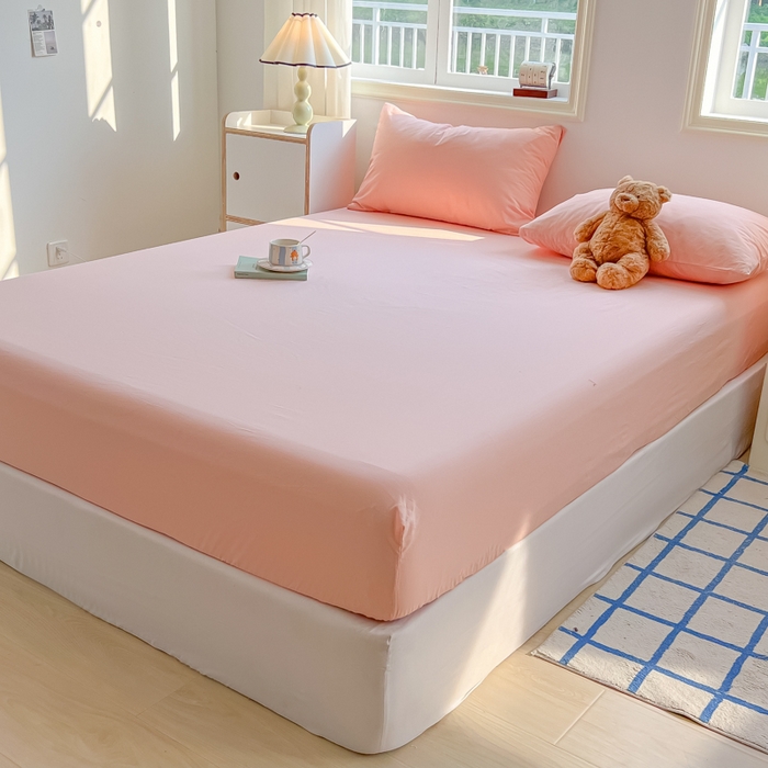 91家纺网 家纺一手货源 找家纺 韩巢家纺 2025新款A类纯色格子水洗棉床笠单件床罩床套 A类玉色-床笠