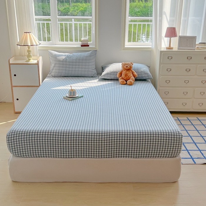 91家纺网 家纺一手货源 找家纺 韩巢家纺 2025新款A类纯色格子水洗棉床笠单件床罩床套 A类兰色格-床笠