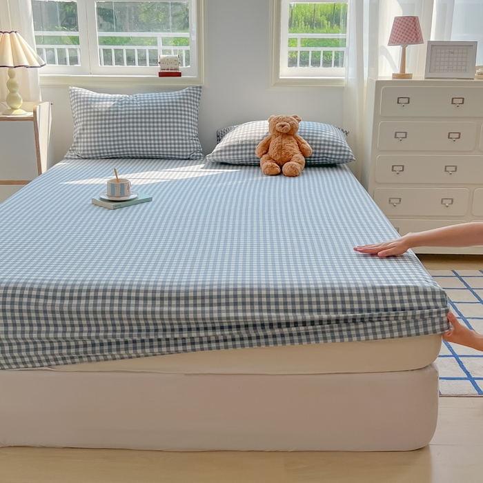 91家纺网 家纺一手货源 找家纺 韩巢家纺 2025新款A类纯色格子水洗棉床笠单件床罩床套 A类兰色格-床笠