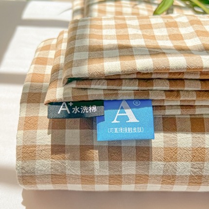 91家纺网 家纺一手货源 找家纺 韩巢家纺 2025新款格子纯色A类水洗棉床单单件 A类杏色格-床单