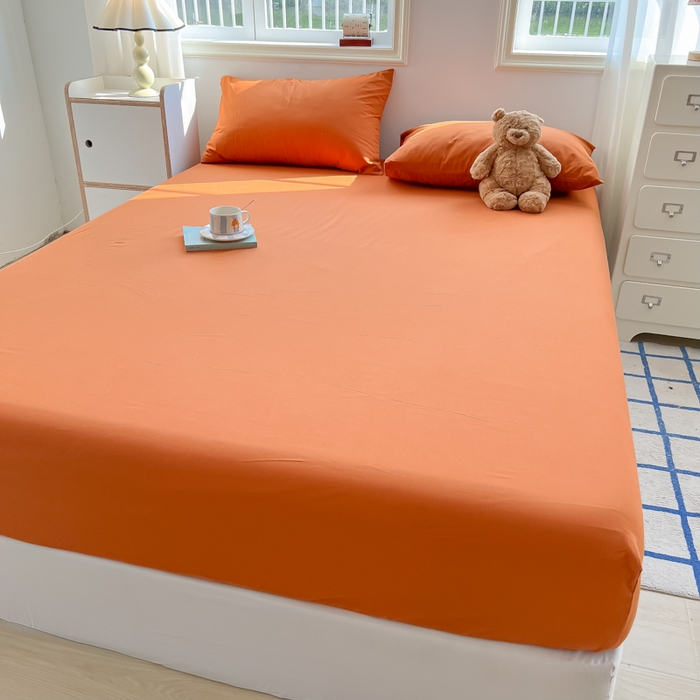 91家纺网 家纺一手货源 找家纺 韩巢家纺 2025新款A类纯色格子水洗棉床笠单件床罩床套 A类铁锈红-床笠