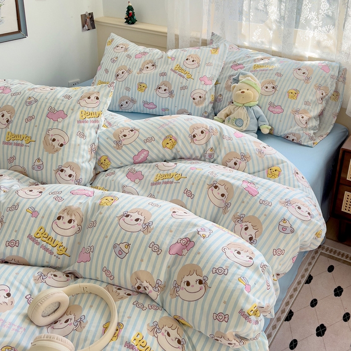 91家纺网 家纺一手货源 找家纺 夜笙2025新款A类水洗棉双层纱印花四件套 糖小佳