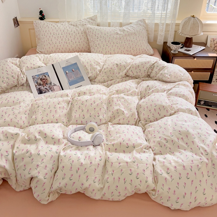 91家纺网 家纺一手货源 找家纺 夜笙2025新款A类水洗棉双层纱印花四件套 彩莲