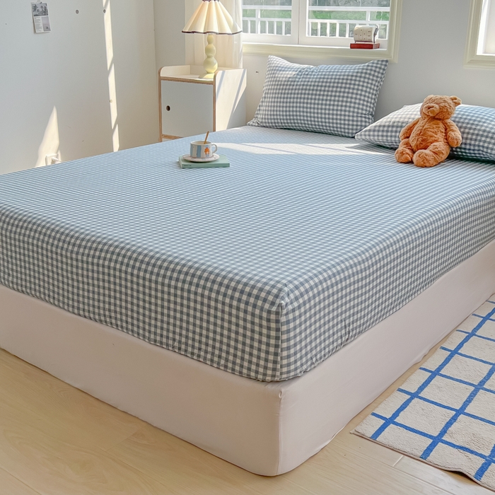 91家纺网 家纺一手货源 找家纺 韩巢家纺 2025新款A类纯色格子水洗棉床笠单件床罩床套 A类兰色格-床笠