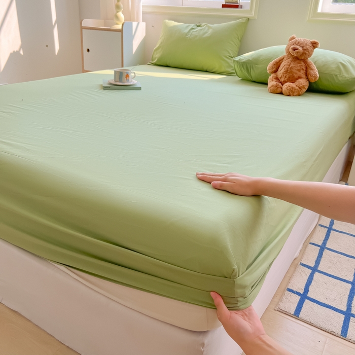 91家纺网 家纺一手货源 找家纺 韩巢家纺 2025新款A类纯色格子水洗棉床笠单件床罩床套 A类浅草绿-床笠