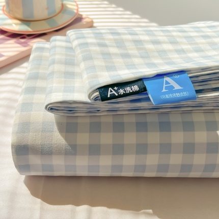 91家纺网 家纺一手货源 找家纺 韩巢家纺 2025新款格子纯色A类水洗棉床单单件 浅蓝格