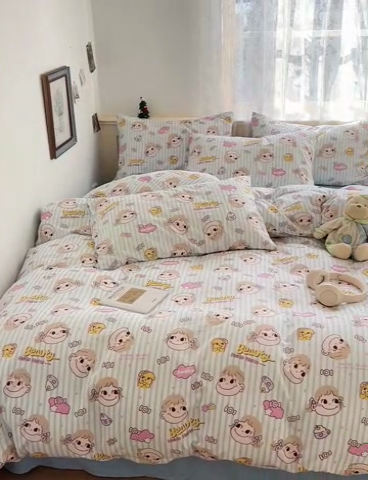 91家纺网 家纺一手货源 找家纺 夜笙2025新款A类水洗棉双层纱印花四件套 糖小佳