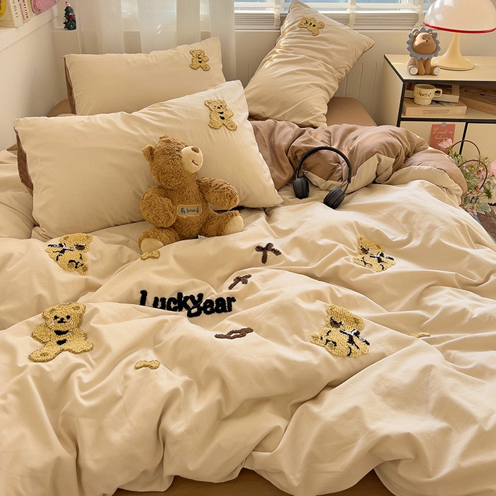 91家纺网 家纺一手货源 找家纺 暖芯优选 2025新款超柔水洗棉INS小红书毛巾绣卡通四件套（提供买家秀） 焦糖奶茶