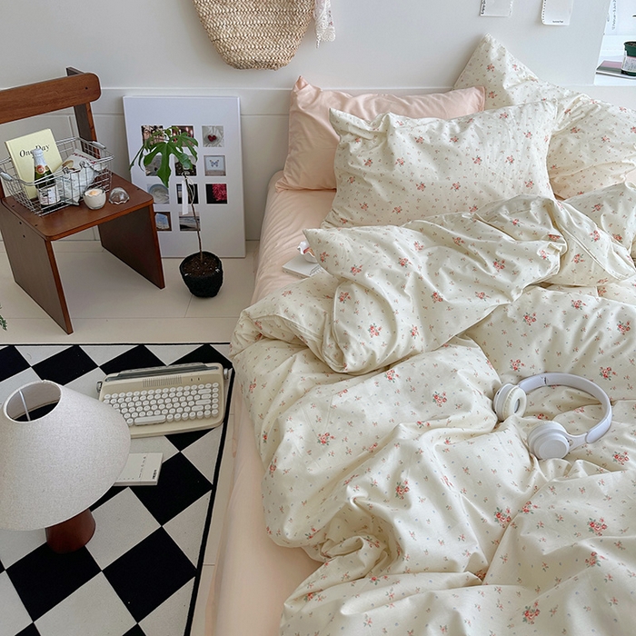 91家纺网 家纺一手货源 找家纺 2025新款纯棉小清新四件套小碎花学生三件套纯色床单印花枕套双人床笠 清如