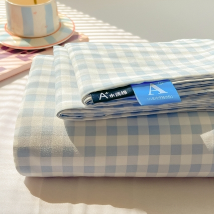 韩巢家纺 2025新款格子纯色A类水洗棉床单单件 浅蓝格