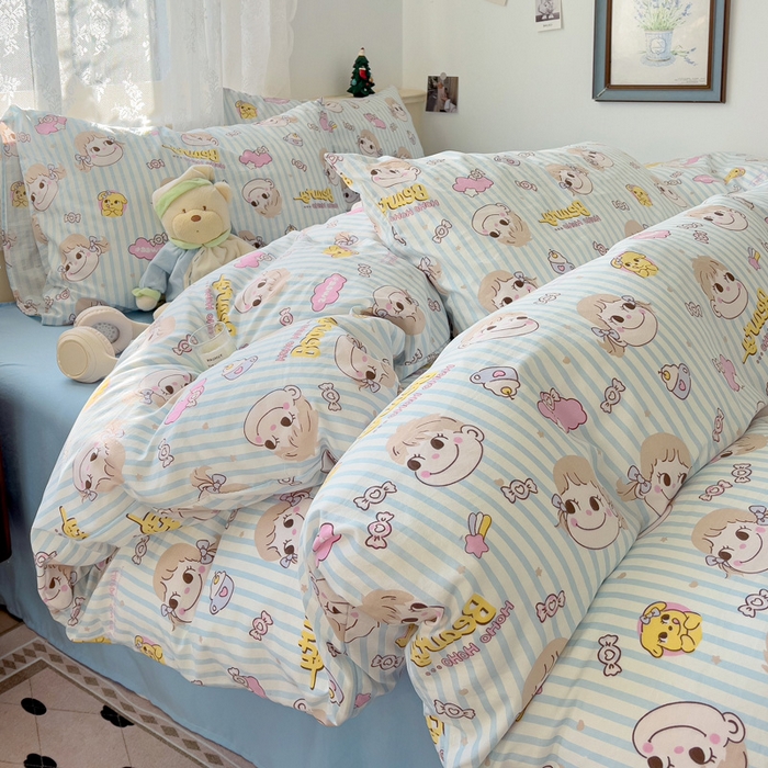 91家纺网 家纺一手货源 找家纺 夜笙2025新款A类水洗棉双层纱印花四件套 糖小佳