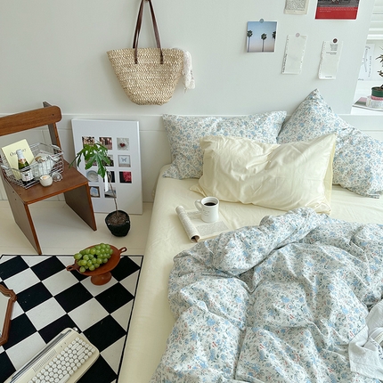 2025新款纯棉小清新四件套小碎花学生三件套纯色床单印花枕套双人床笠 蓝莓厚乳 象牙白