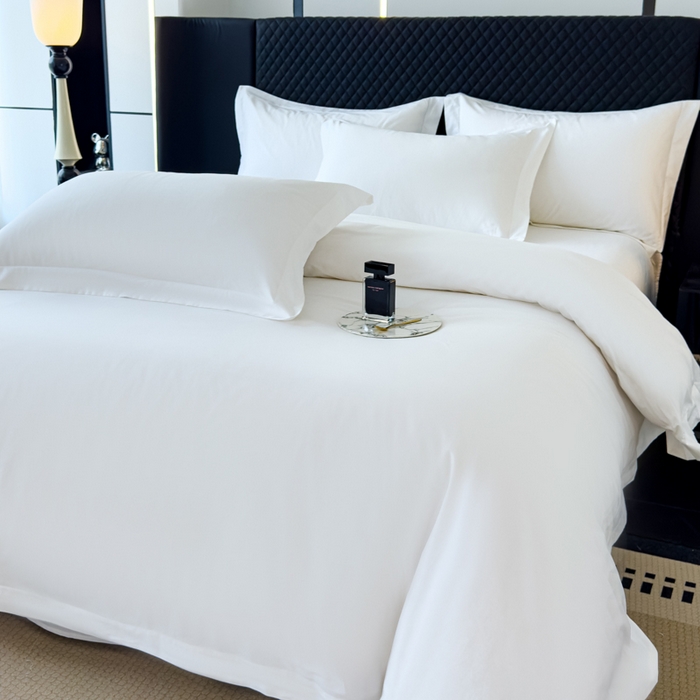 91家纺网 家纺一手货源 找家纺 锦彩 2025新款40长绒棉酒店宾馆民宿学生三件套正宗13372双拼纯色全棉四件套（可定制）绑带款纯白